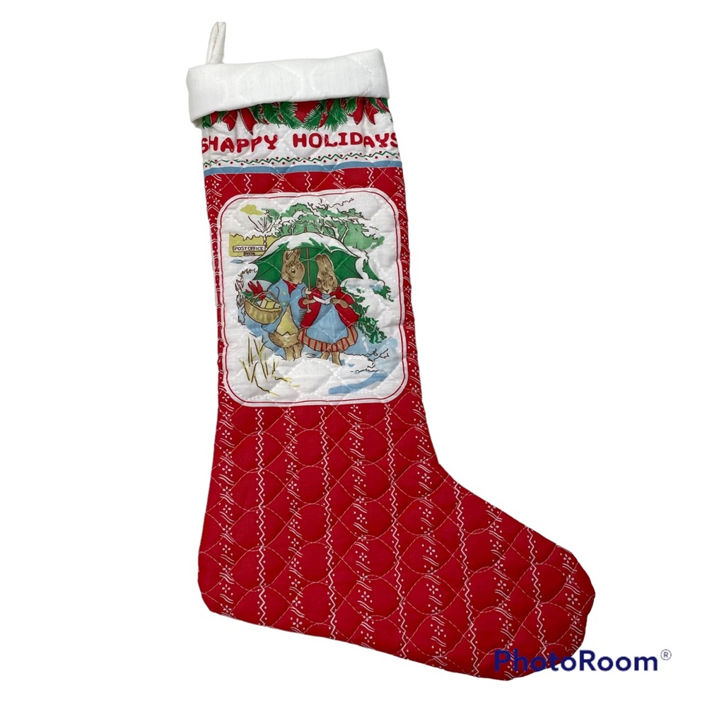 Vintage Beatrix Potter Happy Holidays Red Quilted Handmade Christmas Stocking